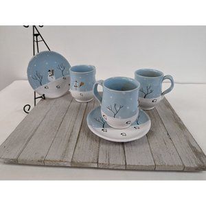 Grottaglie Ceramic Pottery Dinnerware Snowman Set of 3 Cups Saucers Vintage Blue